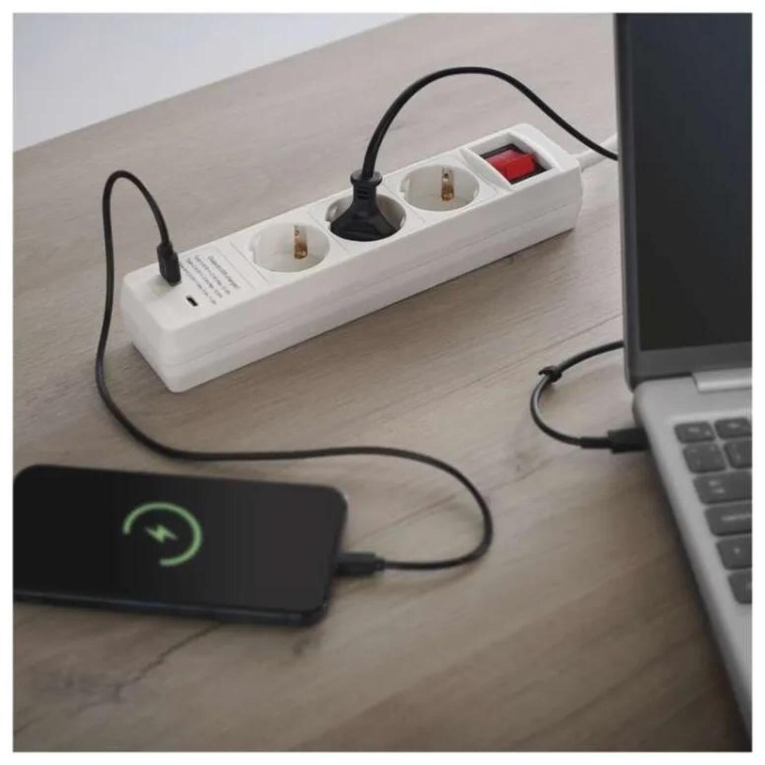 Emos Удлинитель P1322CU, 2м, 3× 2P + PE, 3680W, с выключателем, белый, 1× USB-A, 1× USB-C (P1322CU)