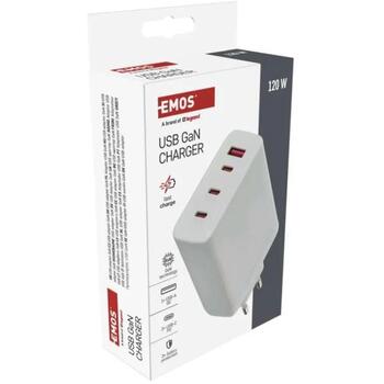 Emos Универсальное USB настенное зарядное устройство GaN V06G120, 120 Вт, 4xUSB, 100–240 В~ 50/60 Гц, быстрая зарядка, защита (V06G120)