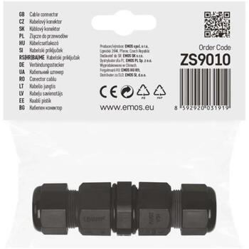 Emos Пластиковый кабельный соединитель ZS9010, 30A, 250V, IP68, черный, PA66, 0 адаптеров, защита от мерцания, защита IK08 (ZS9010)