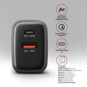 Axagon настенный зарядное устройство ACU-PQ67 67W, 2xUSB-A 30W, USB-C 67W, адаптер питания, быстрая зарядка, защита от перегрузки (ACU-PQ67)