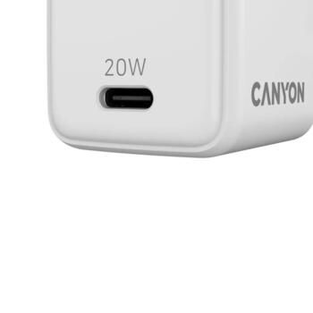 Kompakts sienas lādētājs ar GaN tehnoloģiju 20 W kopējo jaudu un 1×PD ātrās uzlādes portu CU20C EU Balts CNS-CUW20C CANYON (CNS-CUW20C)