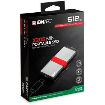 Emtec Портативный SSD ECSSD512GX205, 512GB, 1100MB/s, 1000MB/s, USB-C 3.2 Gen2, ударопрочный, алюминиевый корпус (ECSSD512GX205)