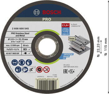 Griešanas ripa 115x22,2x1 mm, INOX, Mazām leņķa slīpmašīnām PRO STAINLESS STEEL AND METAL GRIEZĒJDISKS, 2608600545, BOSCH (2608600545)