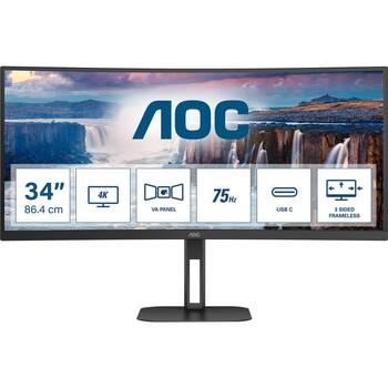 AOC Изогнутый монитор CU34V5C/BK, 3440 x 1440, 100 Гц, 4 мс, 300 кд/м², 1x HDMI, USB хаб, USB PD 65W (CU34V5C/BK)