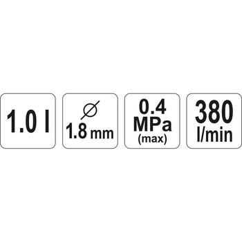 Yato pneimatiskā krāsošanas pistole YT-2346, HVLP, 1 l, 1.8 mm, 0.4 MPa, 380 l/min, 0.16-0.24 l/min, 3/8