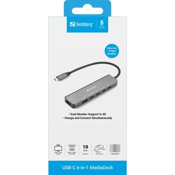 Sandberg USB-C 6-in-1 MediaDock 136-77, 54g, серый, USB-C, Windows 11, 1xHDMI, 6 портов, 19см, 4xUSB-C, 100W, PD 3.0, 2 дисплея (136-77)
