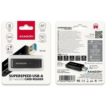 Axagon Читатель карт памяти CRE-S2N USB 3.2 Gen 1, 2 слота, 5000 Mbit/s, поддерживает MicroSD, SD, черный (CRE-S2N)
