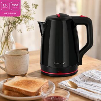 Brock WK 5518 BK чайник, 2,0л, 1500Вт, 360° основание, черный, нержавеющая сталь, двойные стенки, скрытый нагревательный элемент (WK 5518 BK)