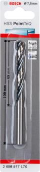 Urbis metālam PointTeQ 7,5 x 69 x 109 mm, 1 gab., Urbjmašīnām/skrūvgriežiem POINTTEQ HSS SPIRĀLVEIDA URBIS, 2608577170, BOSCH (2608577170)