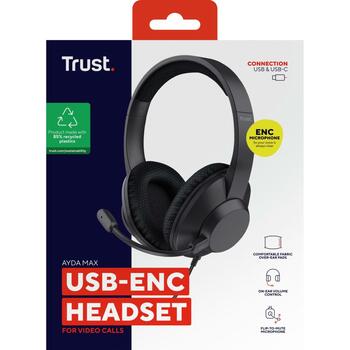 Trust наушники 25462, 40 мм, 20 - 20000 Гц, USB Type-C/USB Type-A, микрофон с шумоподавлением, регулируемая дужка, черный (25462)