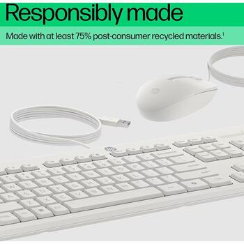HP 225 проводной комплект мыши и клавиатуры AW5S6AA#ACB, USB, 1200 DPI, оптическая, 3 кнопки, полноразмерная, белая, для офиса (AW5S6AA#ACB)