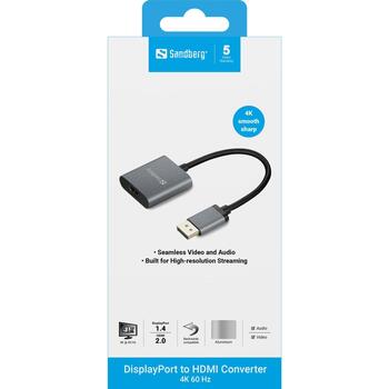 Sandberg 509-19 Адаптер DP1.4>HDMI2.0, 4K60, 6 Гбит/с, 3840x2160, 60 Гц, серый (509-19)