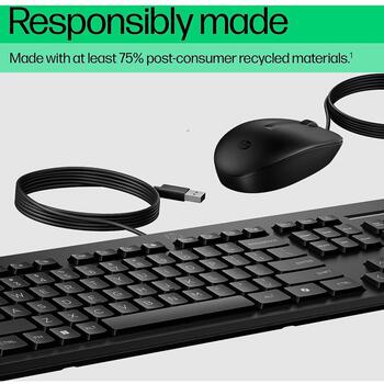 HP 225 проводной комплект мыши и клавиатуры AX2Y7AA#ACB, 1200 DPI, 1.8 м, USB, полноразмерная, черный, оптическая мышь, 3 кнопки (AX2Y7AA#ACB)