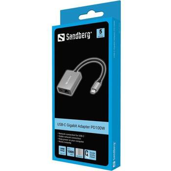 Sandberg USB-C Gigabit adapteris 136-60, 2xUSB Type-C, 1xRJ45, pelēka, melna, 35g (136-60)