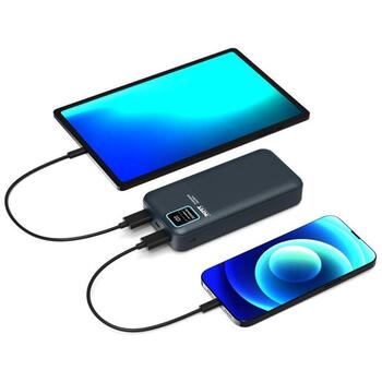 Port Connect Внешний аккумулятор Enduring 907002, 20000 мАч, 74 Втч, 5 В, 2.1 А, Li-Poly, 2x USB-A, 1x USB-C, ЖК-дисплей, синий (907002)