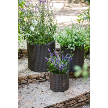 Keter Cylinder Planters S+M+L коричневый 29197934590, 3 кашпо, 28-43,4см, дренаж, имитация ротанга (29197934590)