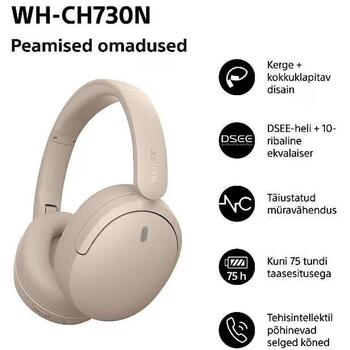 Sony bezvadu austiņas WH-CH730N WHCH730NC.CE7, 30mm, 6-20000Hz, 100Ω, 108dB, stereo, aktīvā trokšņu slāpēšana, iebūvēts mikrofons (WHCH730NC.CE7)