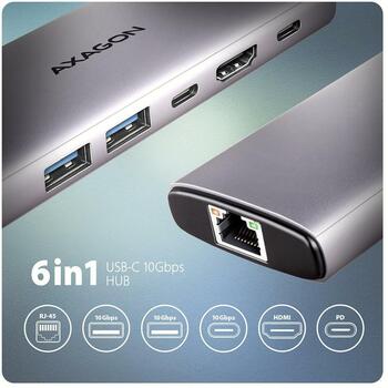 Axagon USB хаб HMC-6G2L 10Gbps, 2x USB-A, 1x USB-C, 1x HDMI, 1x RJ-45, 0.15m кабель питания (HMC-6G2L)