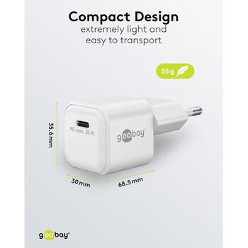 Goobay Зарядное устройство 79151, 20W, USB-C, PD, GaN, быстрая зарядка, белый, евровилка (79151)