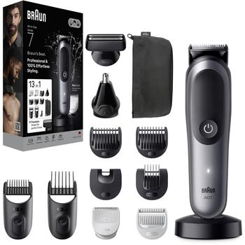 Braun matu trimmeris AIO7560 80789908, 14 pakāpieni, 0.5-21mm, 120min, 1.5h, Li-Ion, bezvadu, ūdensizturīgs, 13in1 komplekts (AIO7560)