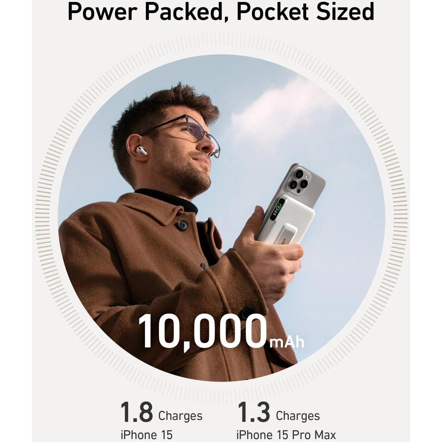 Anker MagGo Power Bank A1654G21, 10000 мАч, 15 Вт, белый, Qi2, ЖК-дисплей, Wireless Power IQ (A1654G21)