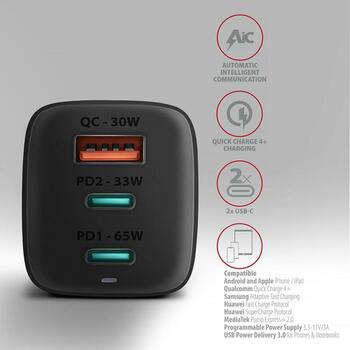 Axagon настенный зарядное устройство ACU-DPQ65 65W, 3x выход (USB-A + два USB-C), PD3.0/QC4+/PPS/Apple (ACU-DPQ65)