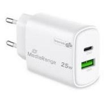 Mediarange strāvas adapteris MRMA112-2 25W, 1x USB-C, 1x USB-A, ātrā uzlāde, balts, polikarbonāts (MRMA112-2)