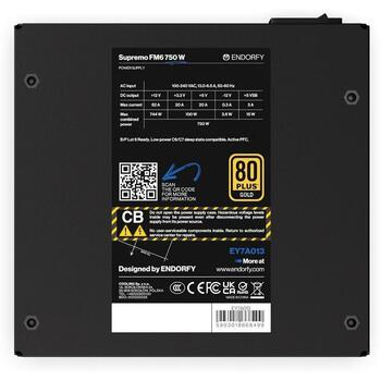 Endorfy Datora barošanas bloks Supremo FM6 EY7A013, 750W, 100-240V, 13-65A, 80 PLUS Gold, pilnībā modulārs, aktīva dzesēšana (EY7A013)