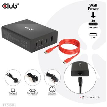 Club3D зарядное устройство CAC-1906 132W, 3 USB Type-C, 1 USB Type-A, 100-240V, PD 3.0, защита от перегрузки и короткого замыкания (CAC-1906)
