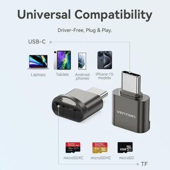 Vention karšu lasītājs CLMH0, USB 2.0 Type-C, 1 slots, 512GB, 480 Mbit/s, pelēks, bez draiveriem, saderīgs ar MacOS, Android, iOS (CLMH0)