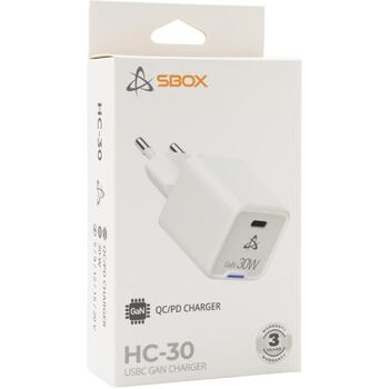 Sbox Домашнее зарядное устройство HC-30, 100-240V, 5V/3A, 9V/3A, 12V/2.5A, 30W, USB-C, технология GaN, 1 USB порт (HC-30)