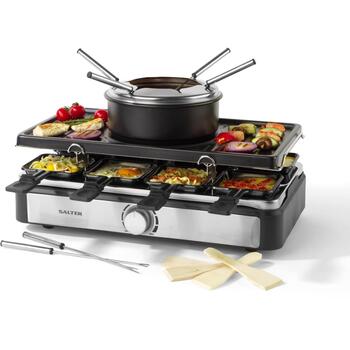 Salter Набор для раклета и фондю EK4513VDE, 1400W, 8 сковородок, 1,3л кастрюля, 6 вилок, антипригарное покрытие (EK4513VDE)