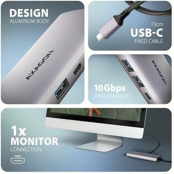 Axagon USB хаб HMC-6G2L 10Gbps, 2x USB-A, 1x USB-C, 1x HDMI, 1x RJ-45, 0.15m кабель питания (HMC-6G2L)