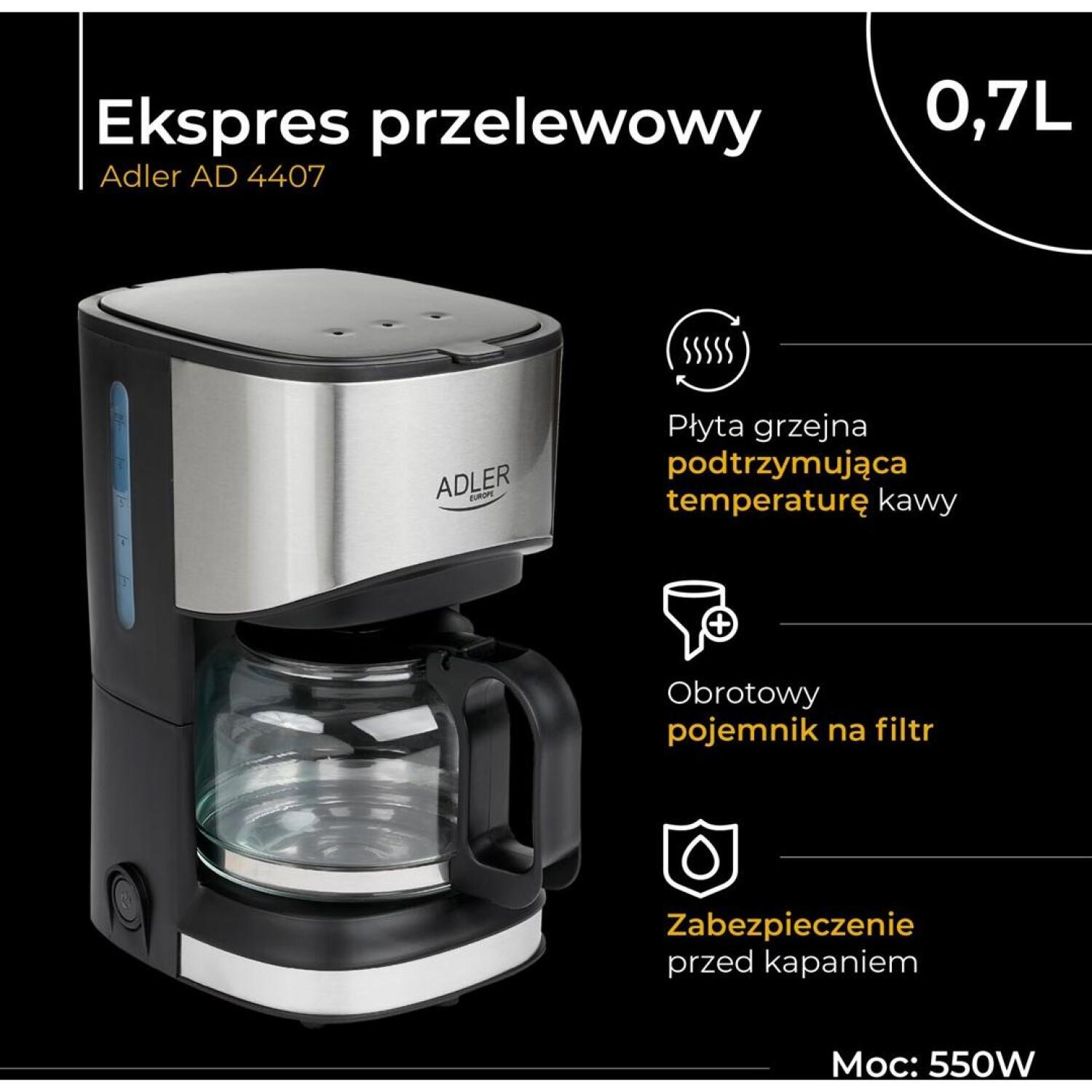 Adler Кофеварка AD 4407, 550 W, 0.7 L, Полуавтомат, Черный, Смываемый фильтр, Антикапельная функция (AD 4407)