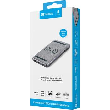 Sandberg 420-61 Powerbank 10000, 10000mAh, 37Wh, PD20W, QC 3.0, беспроводная зарядка, 2 устройства, USB-C, черный/серый (420-61)