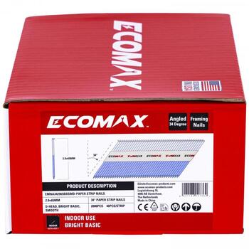 Ecomax гвозди для гвоздезабивного пистолета EMNA342965BBSMD&EMX, 65x2,9mm, 2000 шт, 34°, неоцинкованные, гладкие (EMNA342965BBSMD&EMX)