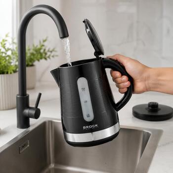 Brock WK 9904 BK чайник, 1,7 л, 2200 Вт, 360° подставка, черный/нержавеющая сталь, автоотключение (WK 9904 BK)