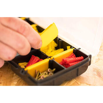 Stanley organizators STST81679-1, 10 nodalījumi, 0.5l, 210mm, 115mm, 35mm, caurspīdīgs vāks, noņemami dalītāji, iebūvēts lineāls (STST81679-1)
