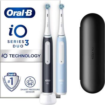 Oral-B elektriskā zobu birste iO3 Matt Black Ice Blue, 2 galviņas, 3 režīmi, uzlādējama, pieaugušajiem, ceļojuma maciņš (iO3 Matt Black Ice Blue)
