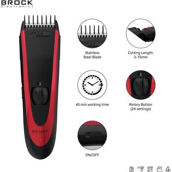 Brock BHC 2001 машинка для стрижки, 1 насадка-гребень, 3-15 мм, 24 шага, аккумулятор, 45 мин, черный/красный (BHC 2001)