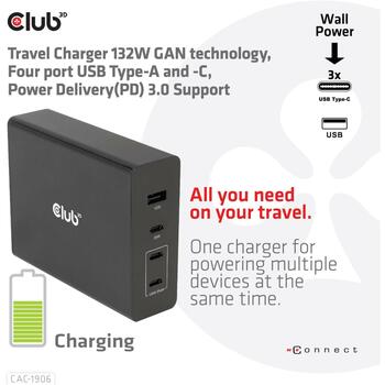 Club3D зарядное устройство CAC-1906 132W, 3 USB Type-C, 1 USB Type-A, 100-240V, PD 3.0, защита от перегрузки и короткого замыкания (CAC-1906)