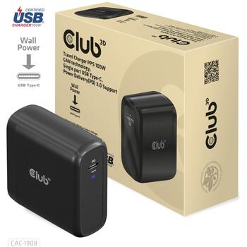 Club3D зарядное устройство CAC-1908EU 100W, USB Type-C, PD 3.0, 100-240VAC, 5V/9V/12V/15V ≤ 3A, 20V ≤ 5A, OCP, OVP, SCP, OTP (CAC-1908EU)