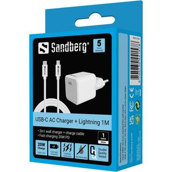 Sandberg USB-C 20W Зарядное устройство 441-57, 230V, 5V/3A, 9V/2,22A, 12V/1,67A, 1x USB-C, быстрая зарядка (441-57)