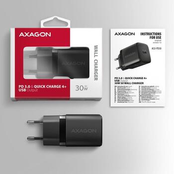 Axagon зарядное устройство ACU-PD30 30W, 1x USB-C, 100-240V, быстрая зарядка, защита от перегрузки, черный (ACU-PD30)
