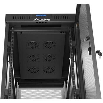 Lanberg servera skapis FF01-6032-23BL, 32U, 600x1000mm, IP20, 1200kg, melns RAL 9004, perforētas durvis, LCD displejs (FF01-6032-23BL)