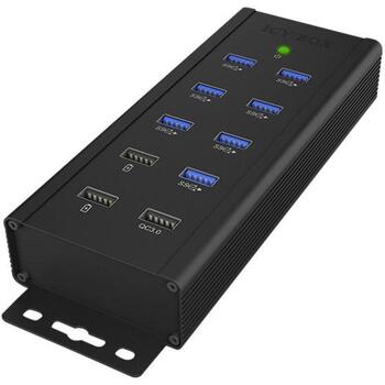 Raidsonic USB centrmezgls IB-HUB1703-QC3, 7x USB 3.0, AC 120/230 V, melns, QC 3.0 uzlāde, sienas stiprinājums (IB-HUB1703-QC3)