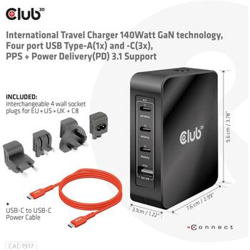 Club3D мобильное зарядное устройство CAC-1917 140W, 100-240V, 3x USB-C, 1x USB-A, PD 3.1, PPS, OCP, OVP, SCP, OTP, CE, FCC (CAC-1917)