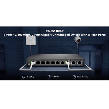 Ruijie RG-ES110D-P 8-портовый PoE+ коммутатор, 10/100Mbps, 6кВ, 5.6Gbps, 110W, черный (RG-ES110D-P)