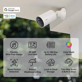 TP-LINK Tapo C410 умная камера безопасности, 2K 3MP, 125°, 15fps, IP65, 180д аккумулятор, 512GB microSD, двусторонняя связь (TAPOC410)