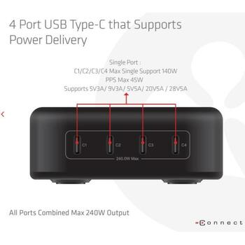 Club3D Зарядное устройство CAC-1918, 240 Вт, 4 USB Type-C, PD 3.1, PPS, OCP, OVP, SCP, OTP, Универсальное, Черное (CAC-1918)